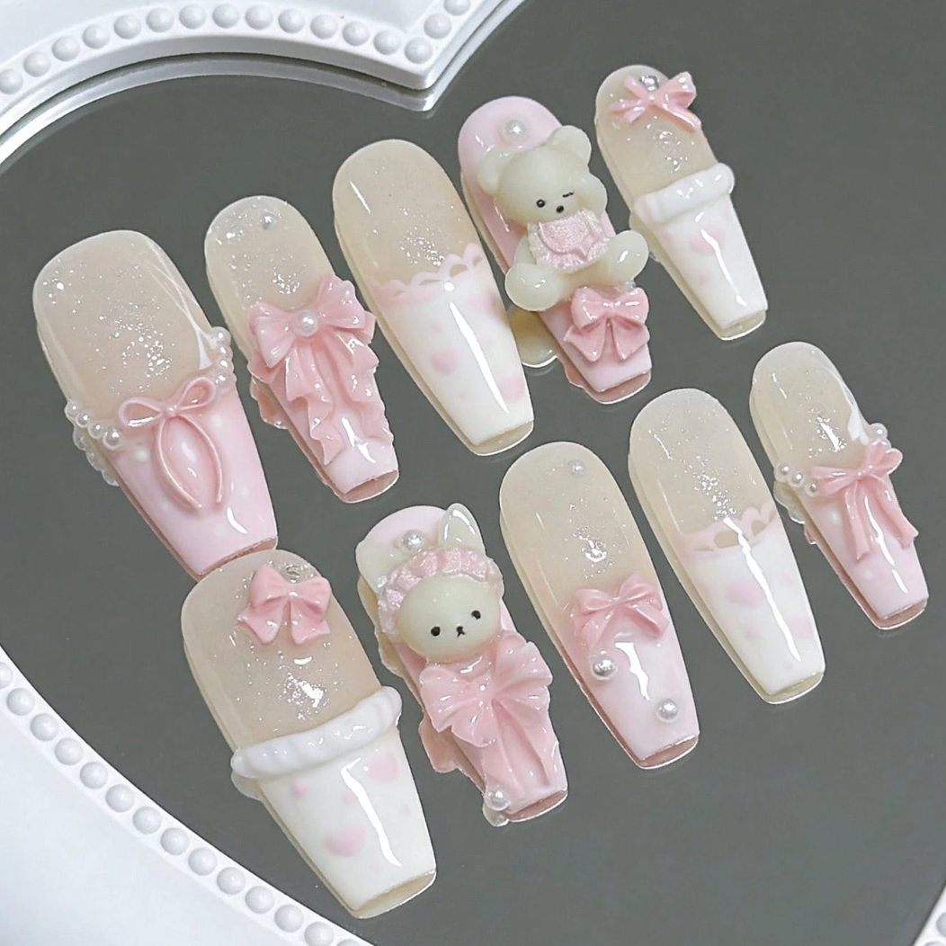 10 pièces Ongles press-on français rose mignon 3D ours en peluche