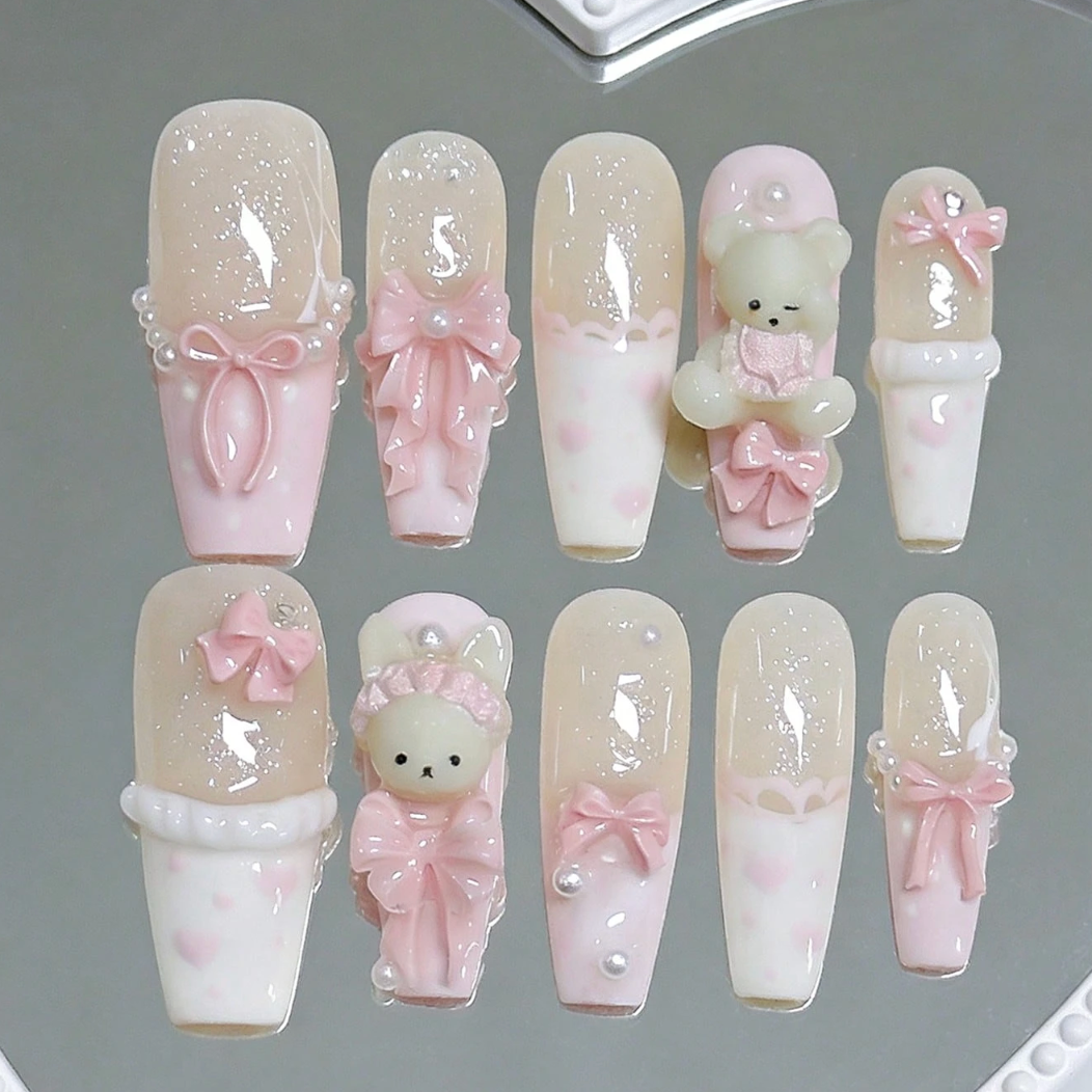 10 pièces Ongles press-on français rose mignon 3D ours en peluche