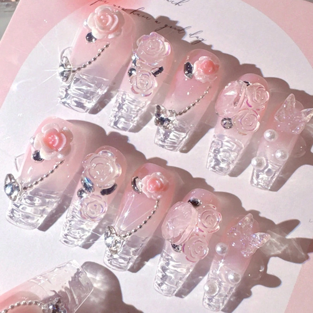 Set de 10 Faux Ongles 3D Fleurs & Papillons - Taille S
