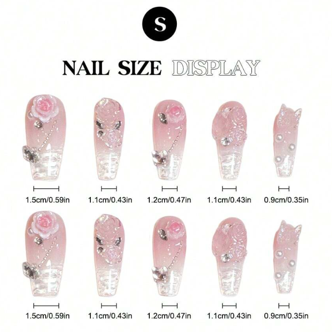 Set de 10 Faux Ongles 3D Fleurs & Papillons - Taille S