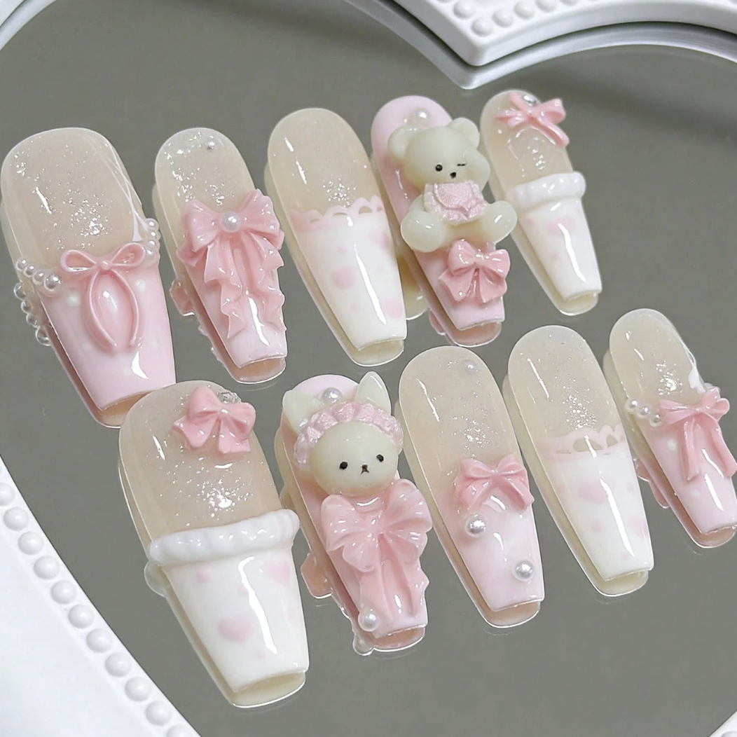10 pièces Ongles press-on français rose mignon 3D ours en peluche